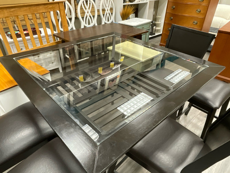 BLACK WOOD GLASS INSERT W/5 STOOLS