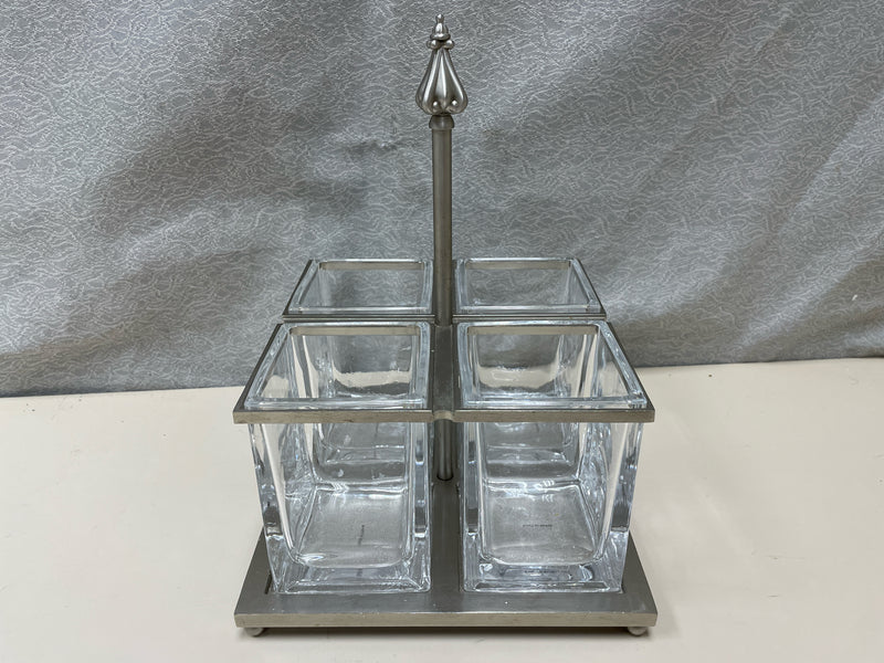 4 GLASS VASES W/IRON CARRIER