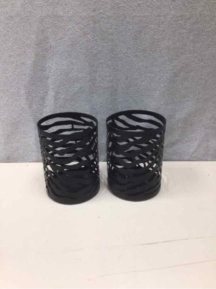 2 BLACK METAL STRIPE CANDLE HOLDERS