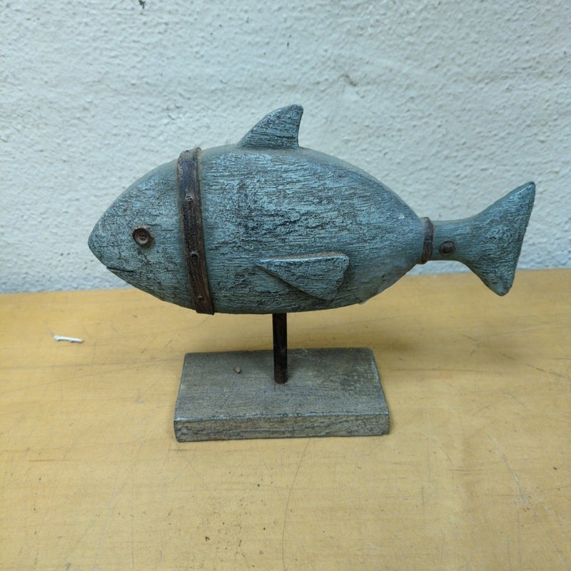 BLUE WOOD FISH ON STAND