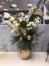 GOLD WHITE FLORAL XMAS ARNG W/VASE