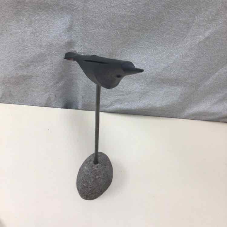 WOOD BIRD ON STONE STAND