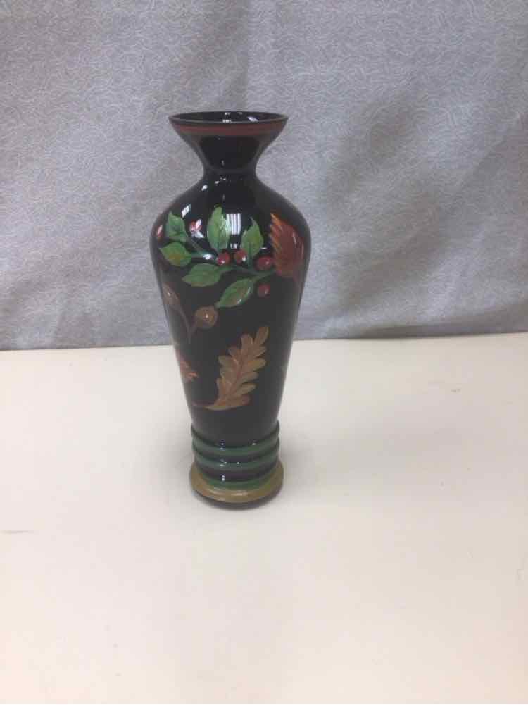 BLACK VASE W/PAINTED LEAF DETAIL