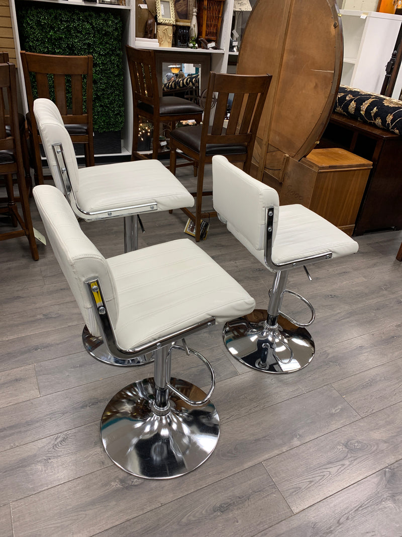 3 ADJUSTABLE WHITE FAUX LEATHER BAR STOOLS