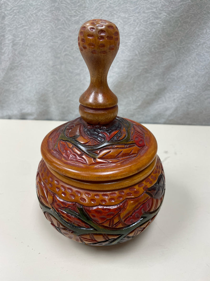 CARVED WOOD W/LID RED FLOWER CONT