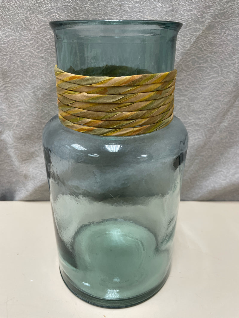 GREEN GLASS VASE W/ROPE TRIM