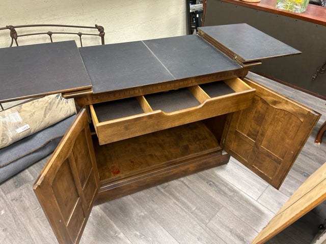 BROWN WOOD FLIP TOP CREDENZA