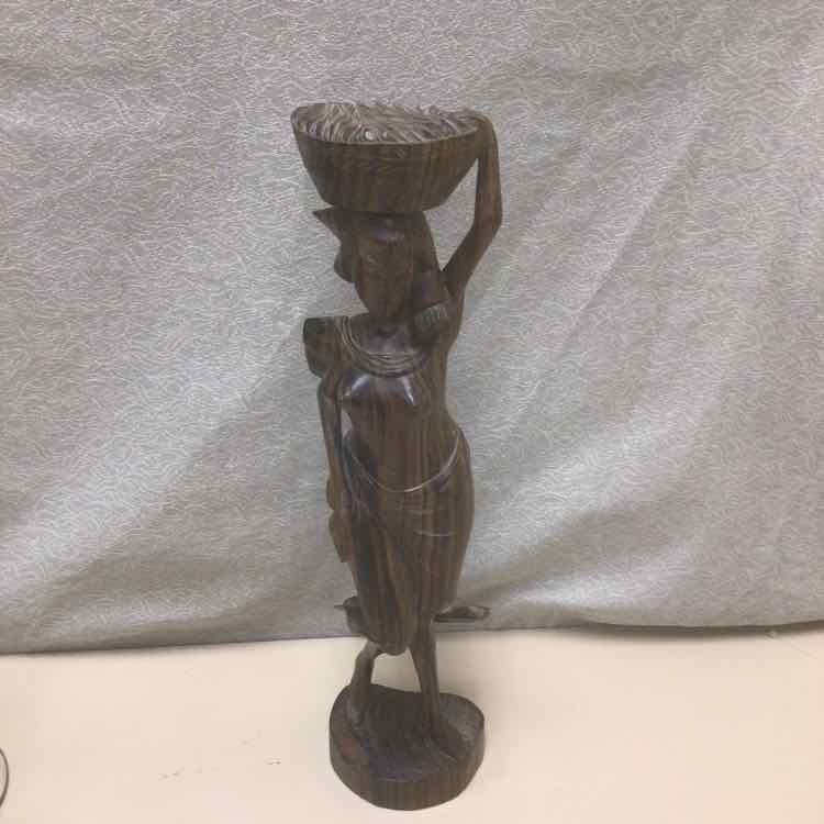 WOOD CARVED WOMAN W/BOWL STATUE