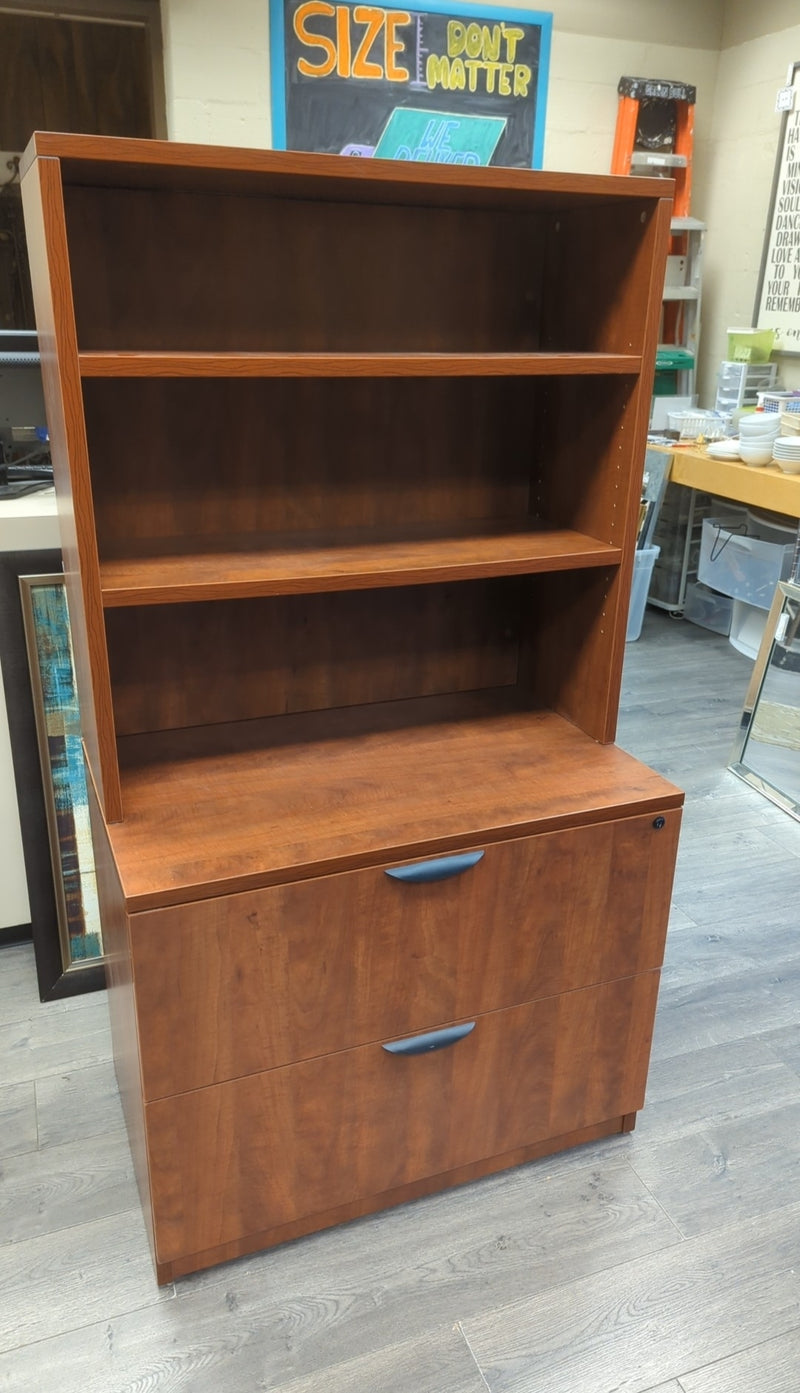 BROWN 2-DRAWER FILING CABINET W/HUTCH