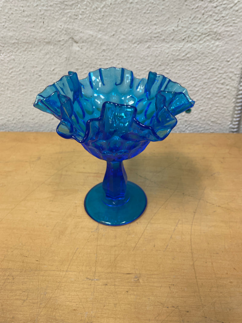 BLUE GLASS THUMBPRINT PEDESTAL BOWL