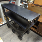 BLUE/BLACK IRON/WOOD CART W/WHEELS