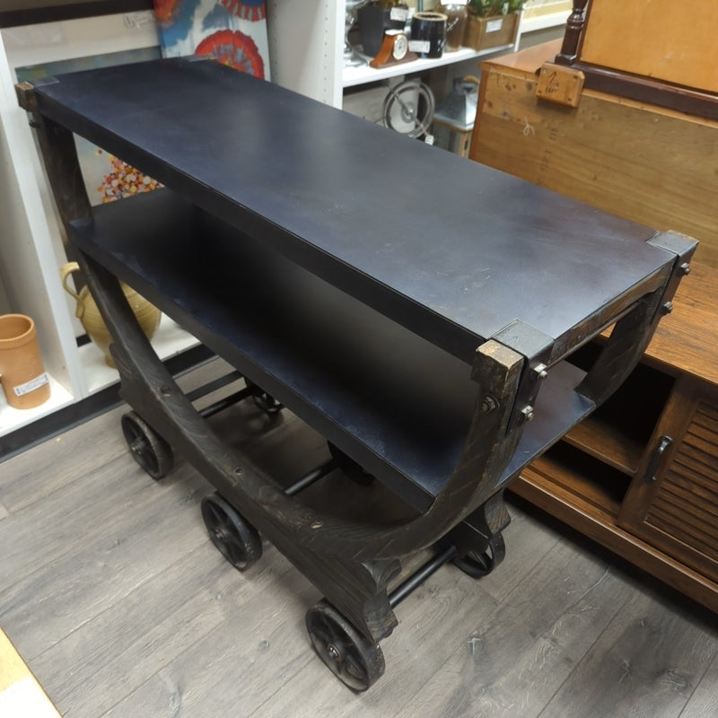 BLUE/BLACK IRON/WOOD CART W/WHEELS