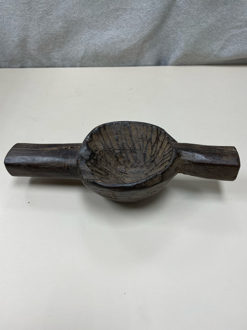 WOOD CARVED BOWL W/HANDLES