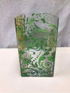SQUARE GLASS VASE W/BIRD AND FLORAL DESIGN