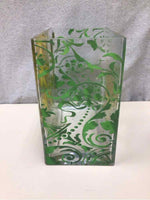 SQUARE GLASS VASE W/BIRD AND FLORAL DESIGN