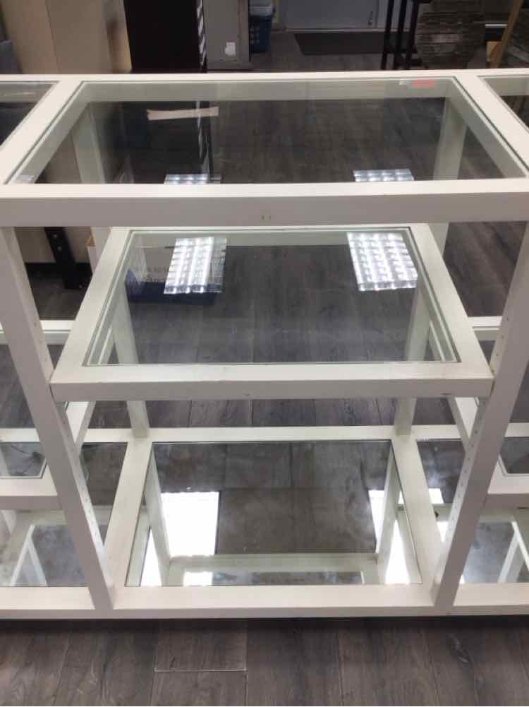 LARGE WHITE CONSOLE W/GLASS SHELVES