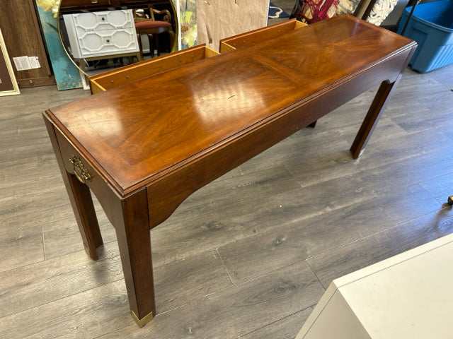 WOOD CONSOLE W/BRASS DETAIL