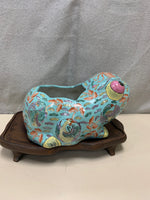 TEAL ASIAN DESIGN CERAMIC FROG ON WOOD STAND