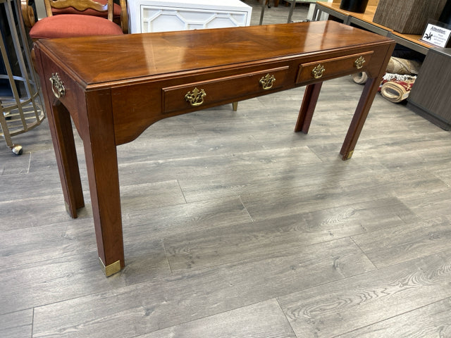 WOOD CONSOLE W/BRASS DETAIL