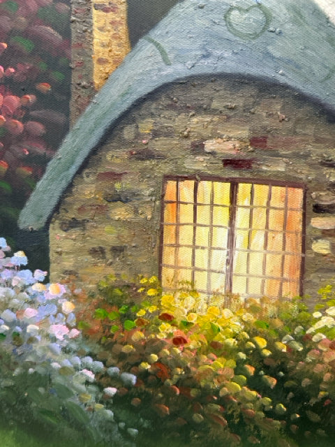 COTTAGE W/WATERFALL OIL PAINTING