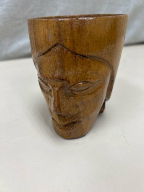 WOOD CARVED FACE MUG