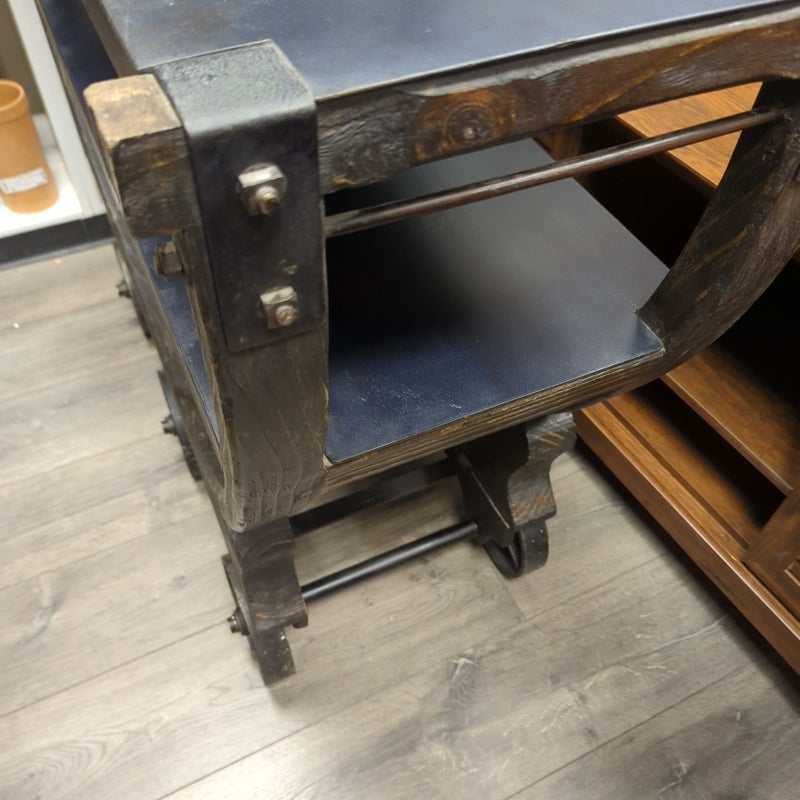 BLUE/BLACK IRON/WOOD CART W/WHEELS