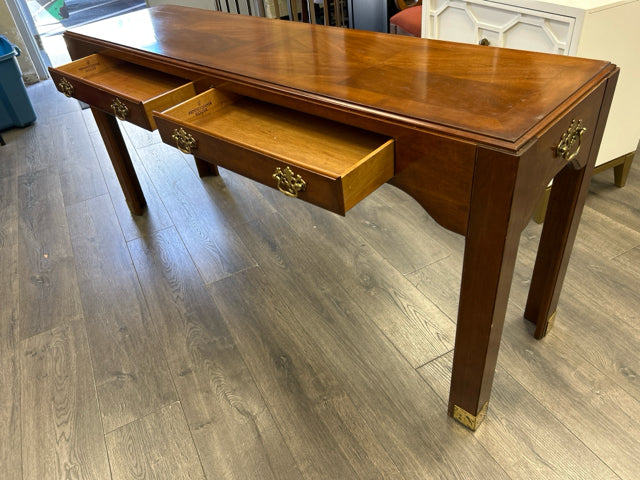 WOOD CONSOLE W/BRASS DETAIL