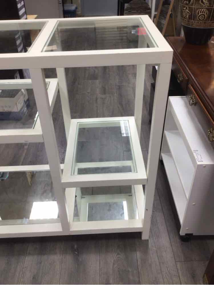 LARGE WHITE CONSOLE W/GLASS SHELVES