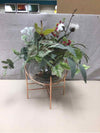 CLEAR GLASS PLANTER W/ARNG IN COPPER LEGS