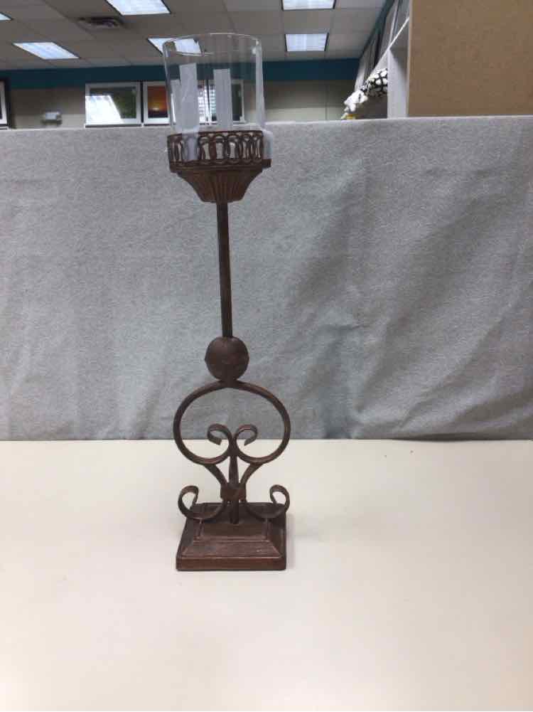 BROWN METAL CANDLE HOLDER W/GLASS