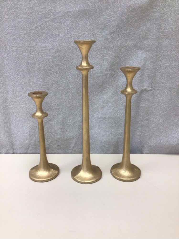 3 GOLD IRON CANDLE STANDS