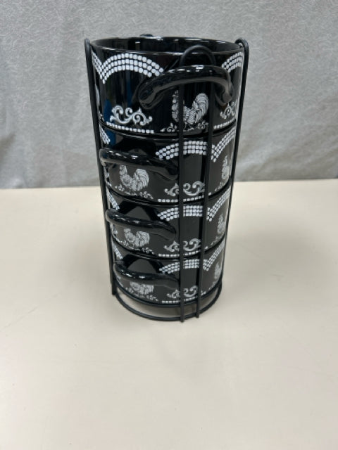 4 BLACK WHITE ROOSTER BOWLS