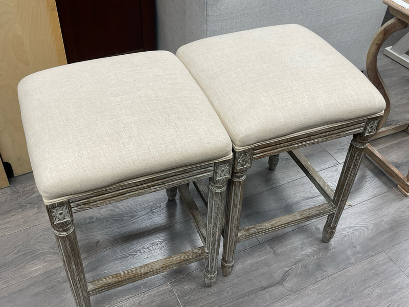 2 BROWN CREAM WOOD STOOLS