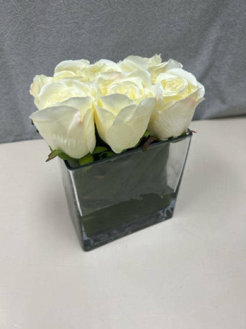 FAUX WHITE ROSES IN GLASS PLANTER