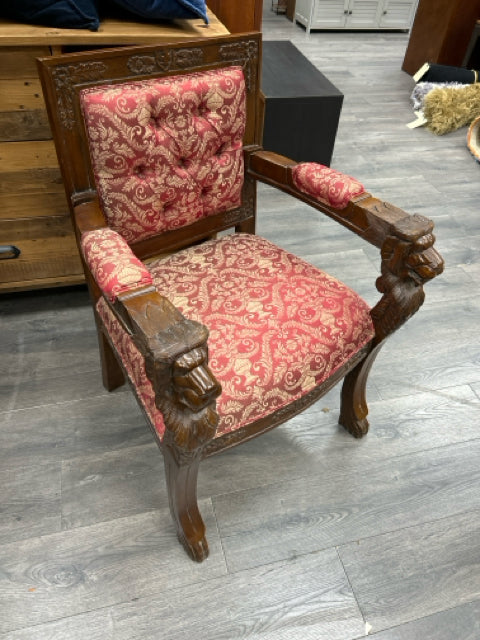 ORNATE CARVED WOOD LION ARMCHAIR