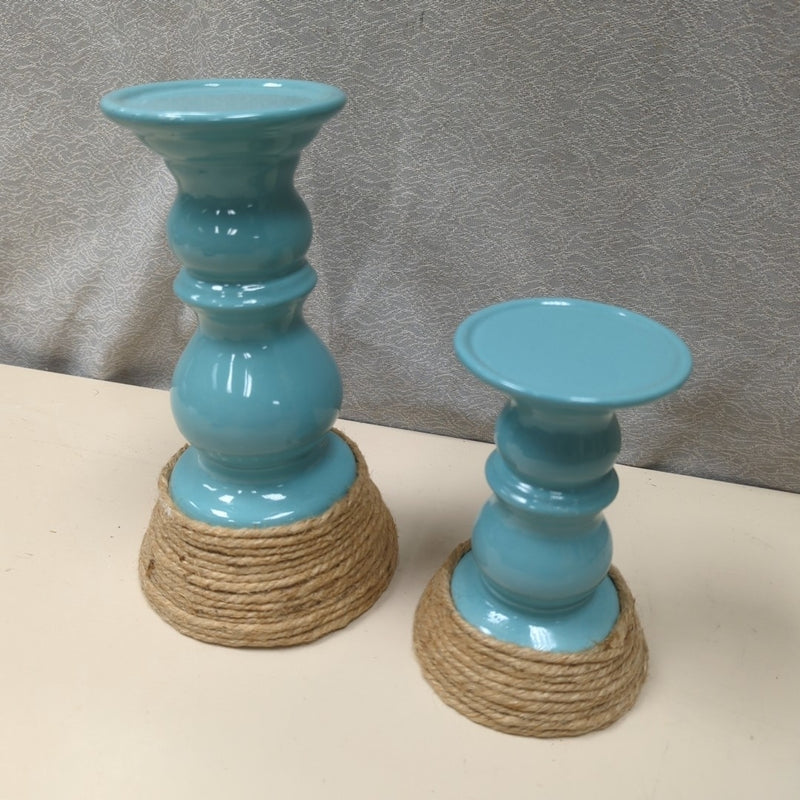 2 TEAL CANDLESTICKS W/TWINE