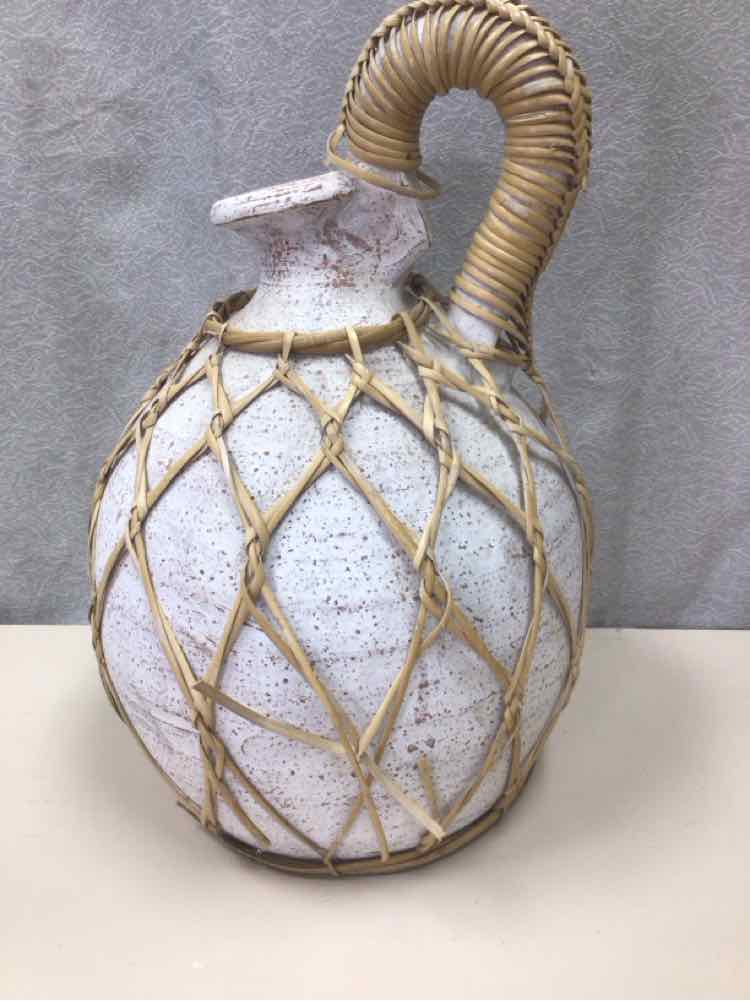 WHITE CLAY JAR W/WEAVING