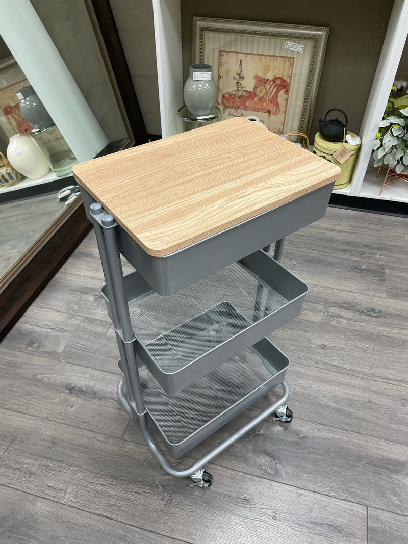 GREY METAL 3 TIER CART ON WHEELS