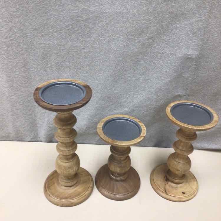 3 WOOD CANDLESTICKS
