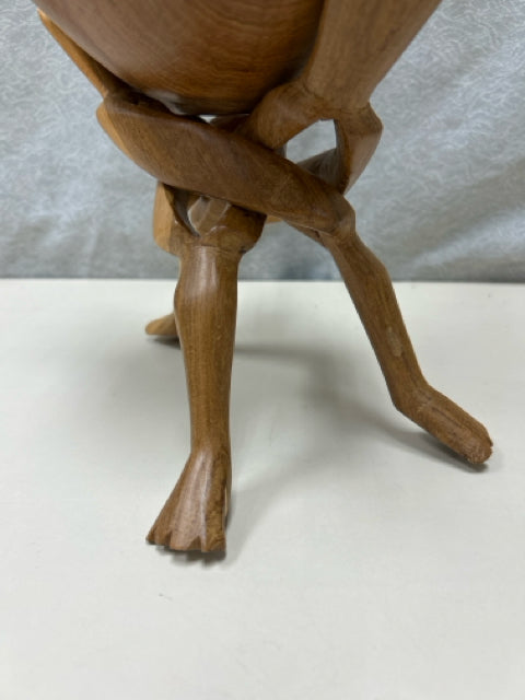 HAND CARVED WOOD BOWL WITH THREE-LEGGED STAND