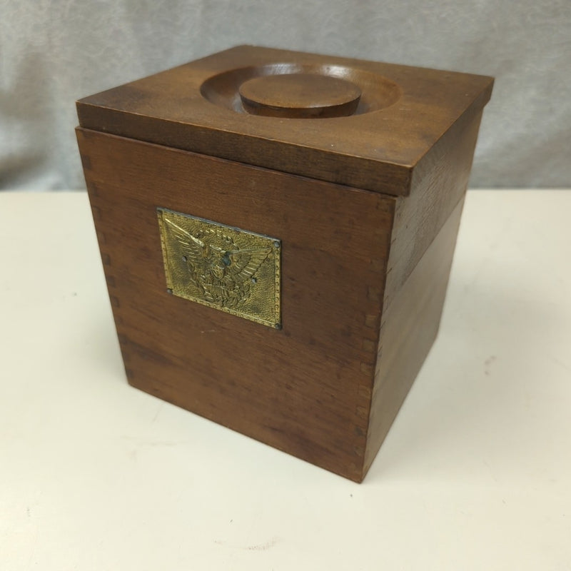 WOOD LIDDED BOX W/EMBLEM