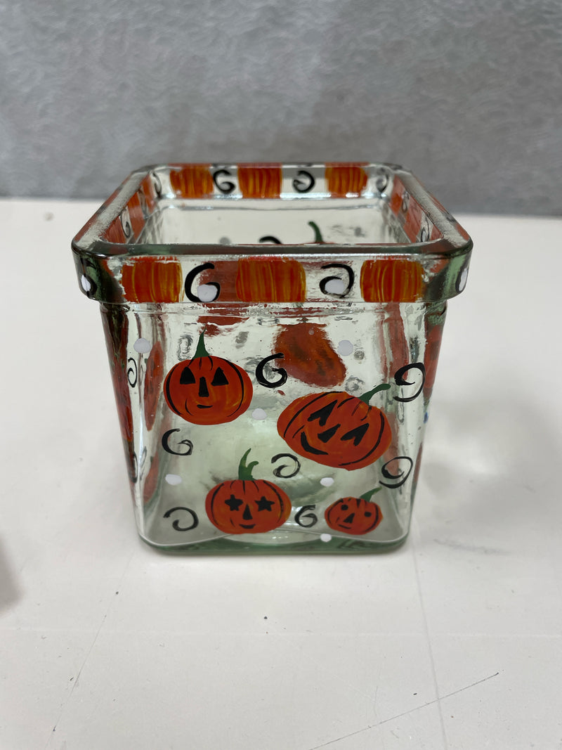 GLASS W/PUMPKINS PAINTED CANDLE HOLDER