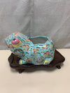 TEAL ASIAN DESIGN CERAMIC FROG ON WOOD STAND