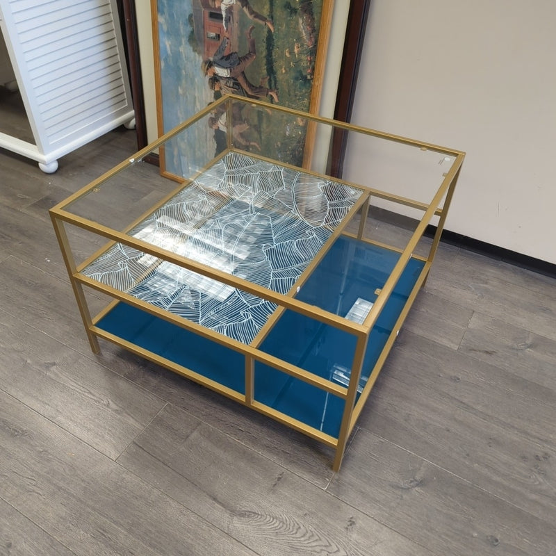 3-TIER GOLD/BLUE GLASS COFFEE TABLE