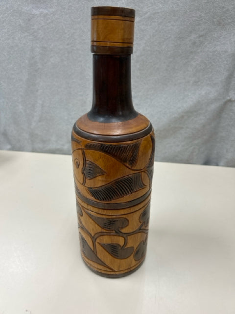 WOOD CARVED FISH & LEAF WINE BOTTLE CARRIER