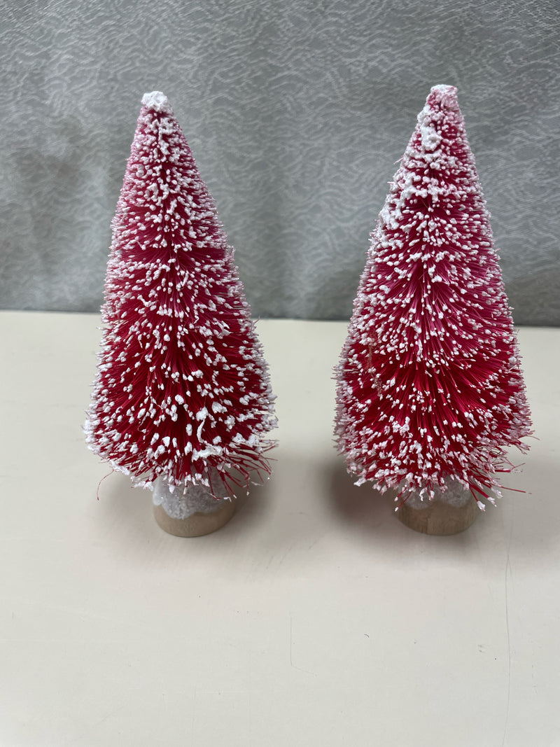 2 MINI RED TREES W/SNOW