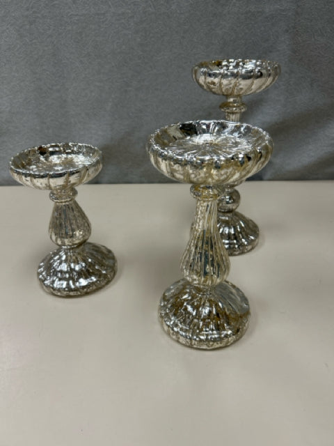 3 MERCURY GLASS CANDLE STANDS