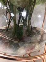 CLEAR GLASS PLANTER W/ARNG IN COPPER LEGS