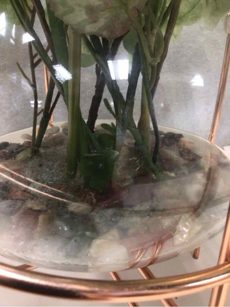 CLEAR GLASS PLANTER W/ARNG IN COPPER LEGS