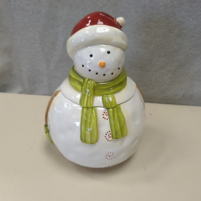 WHITE/GREEN LIDDED SNOWMAN JAR